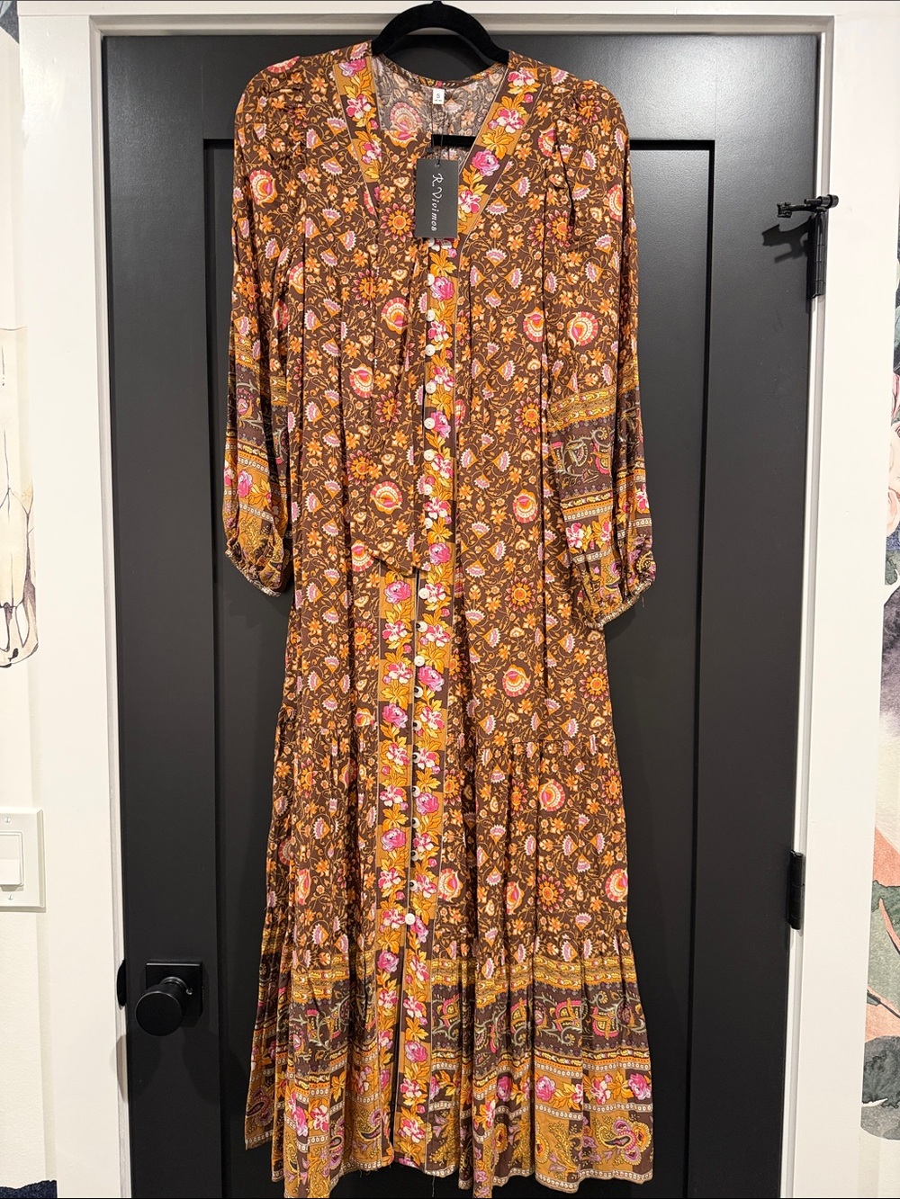 Printed Tiered Maxi Dress in Brown with Pink Accents